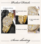 Gold-tone rhinestone watch with three subdials and linked bracelet strap