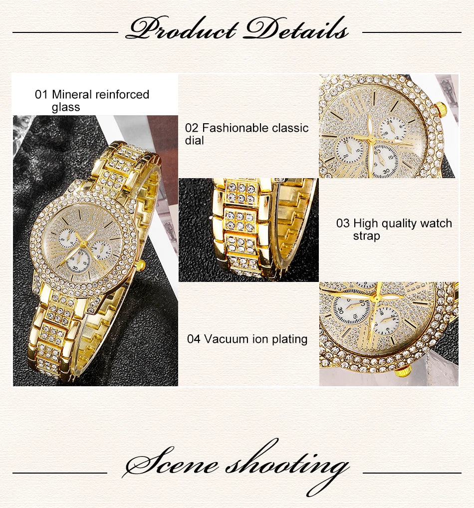 Gold-tone rhinestone watch with three subdials and linked bracelet strap