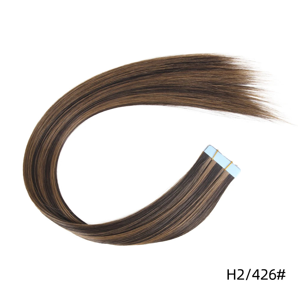 Synthetic straight tape-in hair extension strand with blue tape ends, color H2/426#
