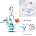 925 sterling silver turtle charm bead with blue oval gem and enamel flower details