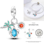 925 sterling silver turtle charm bead with blue oval gem and enamel flower details