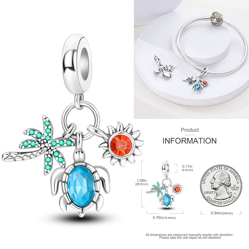 925 sterling silver turtle charm bead with blue oval gem and enamel flower details