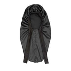 Black satin sleep bonnet with gathered crown and long back flap