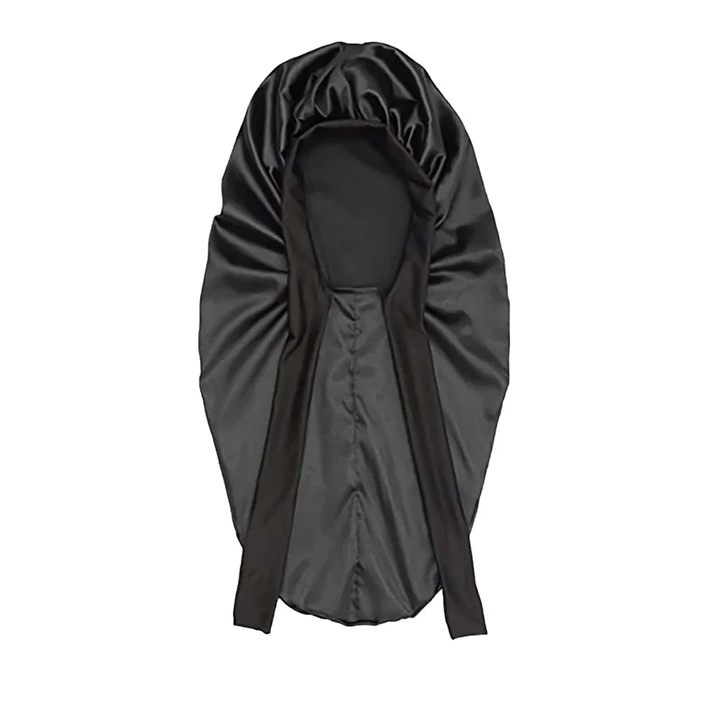 Black satin sleep bonnet with gathered crown and long back flap