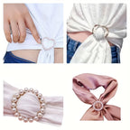 Pearl scarf knot brooch clip with heart-shaped ring design, set view