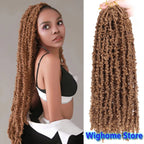 Caramel brown butterfly locs crochet hair with long rope curls and side-swept style
