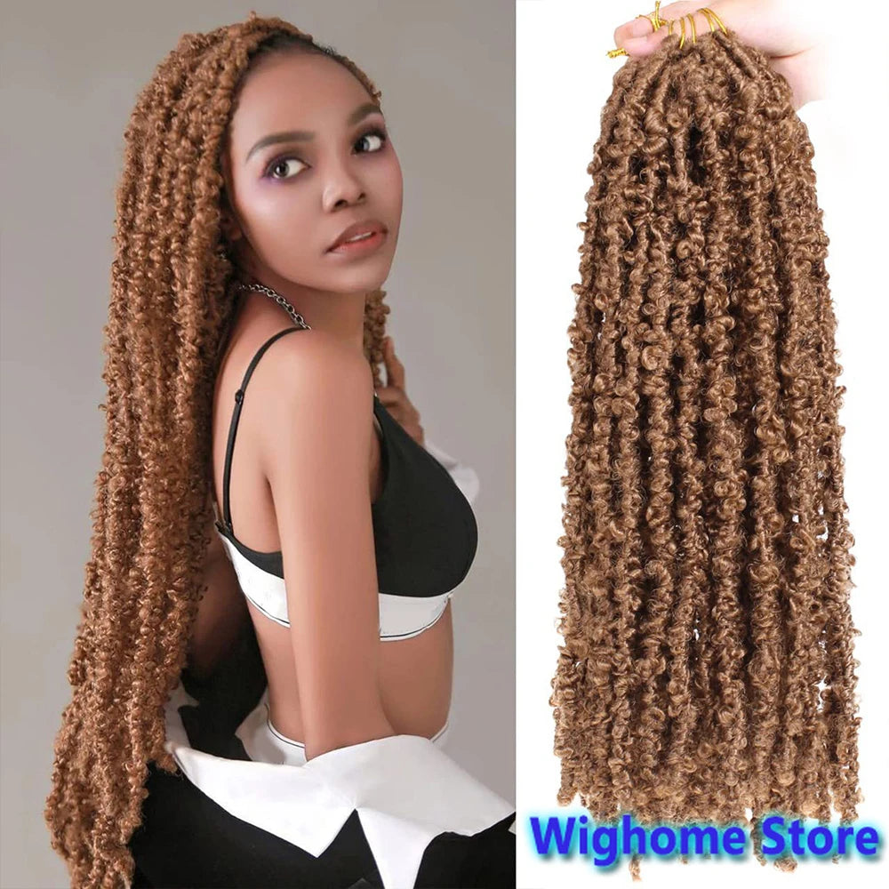 Caramel brown butterfly locs crochet hair with long rope curls and side-swept style