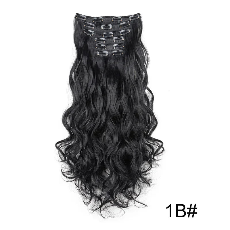 Full head clip-in hair extension, long wavy black hair with snap clips