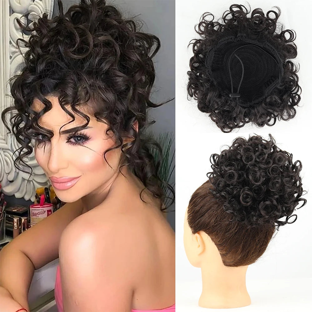 Synthetic curly messy bun hair piece close-up, dark ringlets and full crown