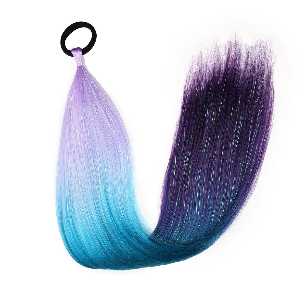 Ombre braid ponytail hair tinsel, synthetic; lavender to dark purple gradient with top loop