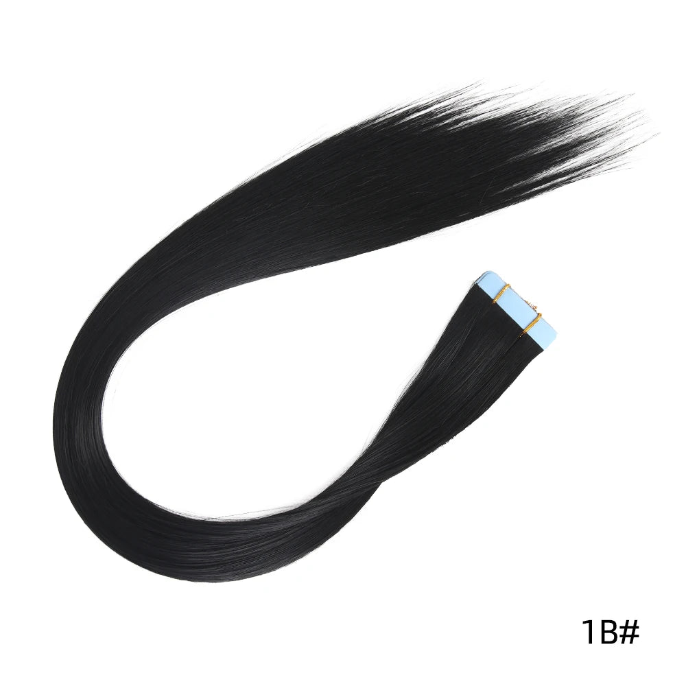 Synthetic straight tape-in hair extension strand with blue tape ends, color 1B#