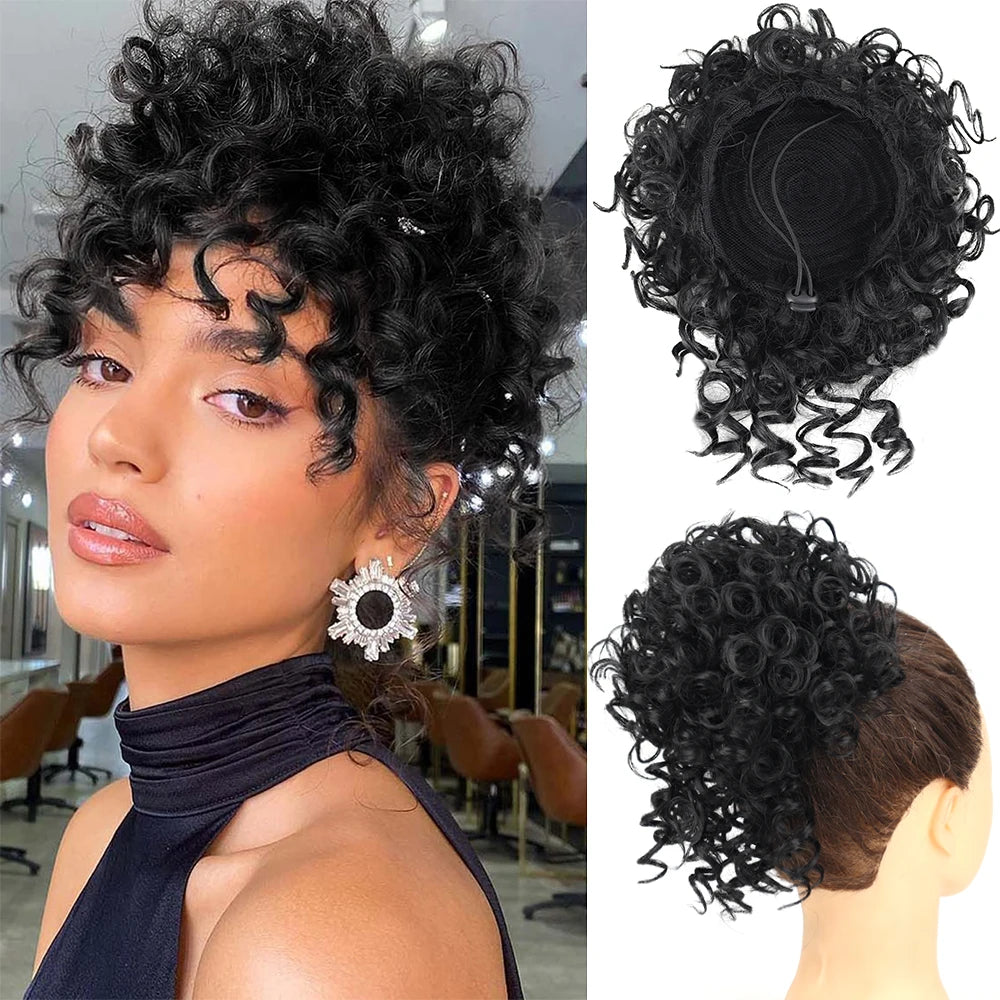 Drawstring messy bun hair piece, synthetic curly in black