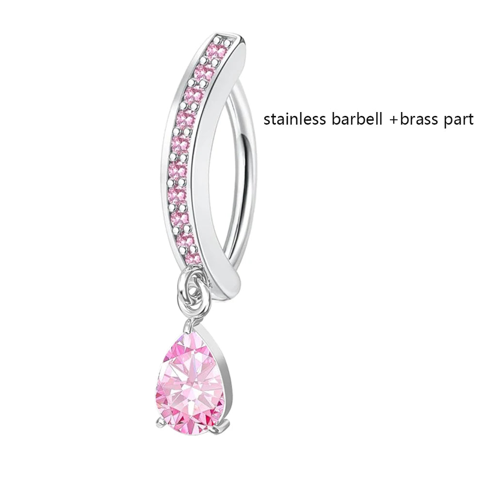 Belly button ring clicker with pink gem line and dangling pink teardrop crystal