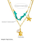 Turquoise beaded double-layer necklace with gold starfish and turtle charms and pearl drops