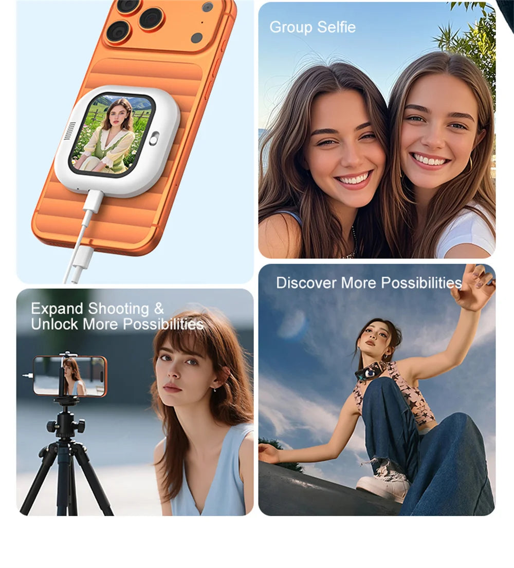 Orange magnetic selfie monitor screen attached to a phone with selfie display