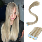 Ash-blonde synthetic straight tape-in hair extension bundle with blue tape tabs and weft