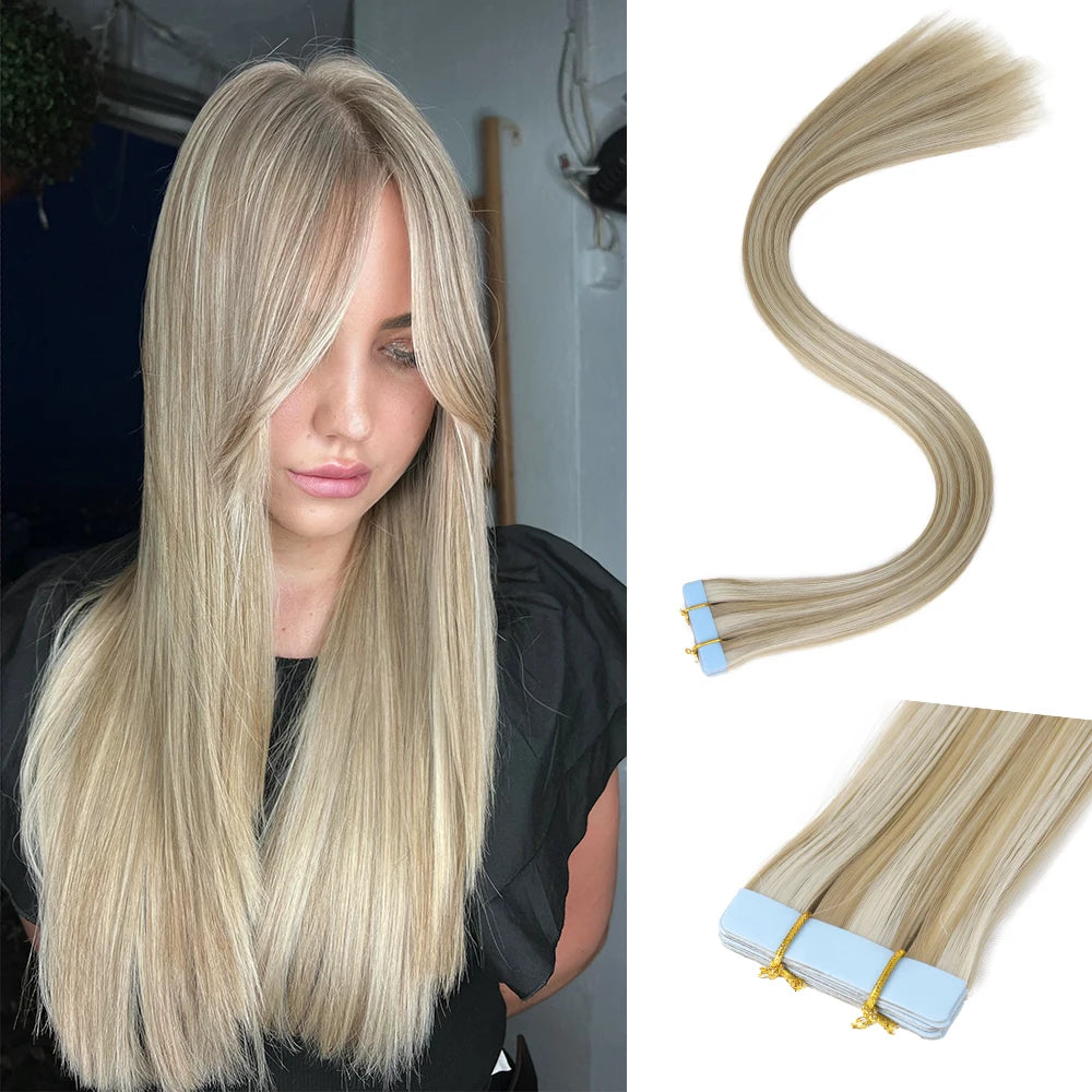 Ash-blonde synthetic straight tape-in hair extension bundle with blue tape tabs and weft
