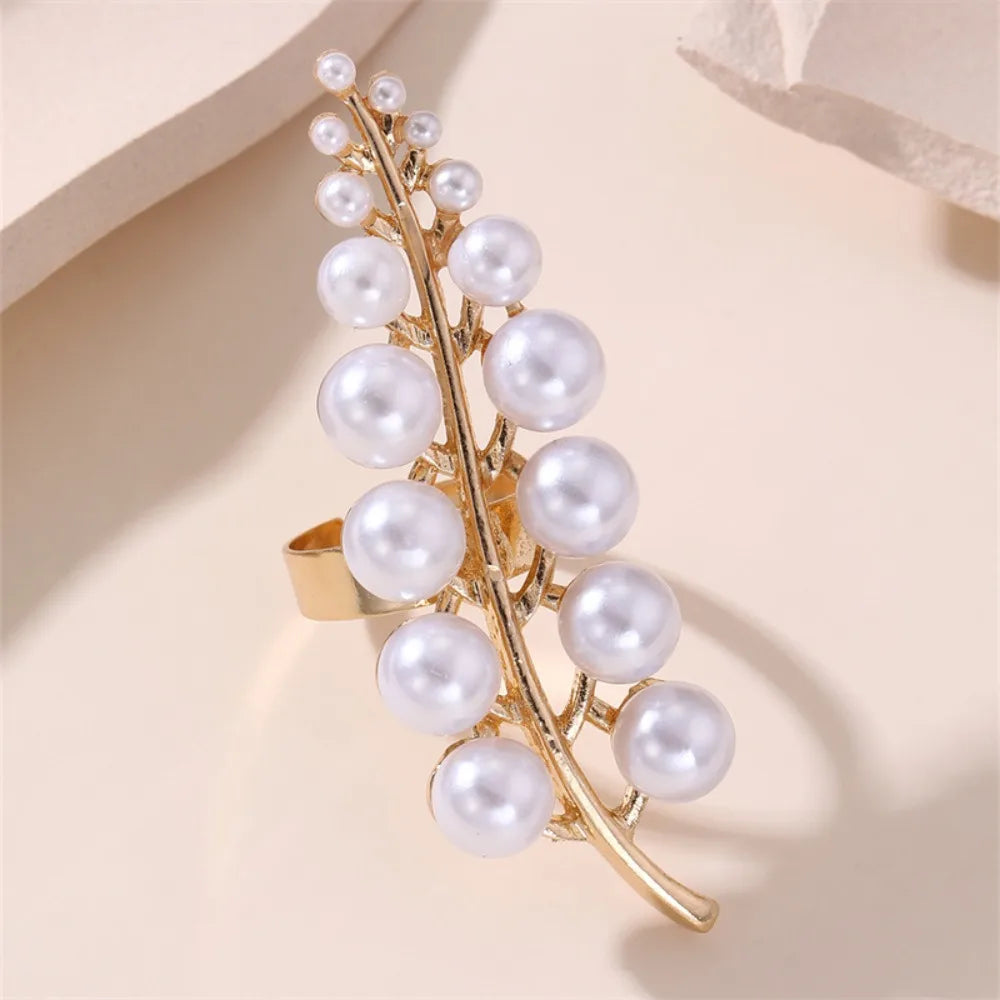 Gold-tone pearl branch ring with multiple round white pearls