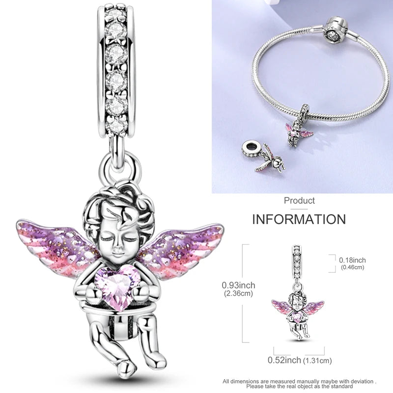 Sterling silver charm with pink angel figure and crystal wings