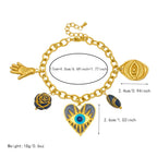 Gold-tone charm bracelet & necklace set with hamsa, evil-eye heart, rose and hand charms