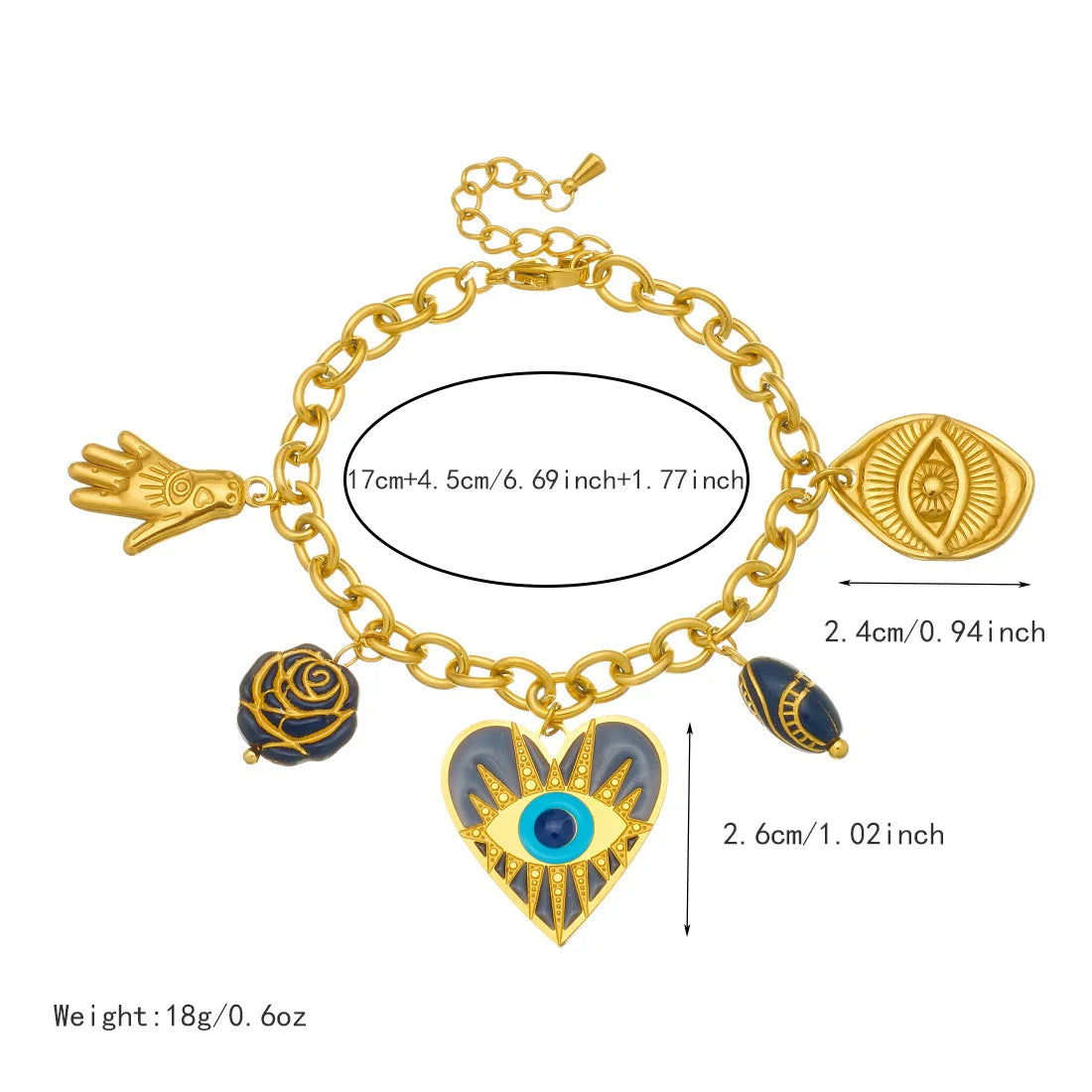 Gold evil-eye hamsa charm necklace with rose, hand, and blue eye heart pendants