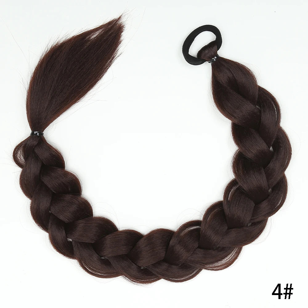Dark brown braided ponytail extension, synthetic twist with looped top tie.