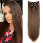 Long straight synthetic hair extensions in dark brown, with visible clip-in weft detail