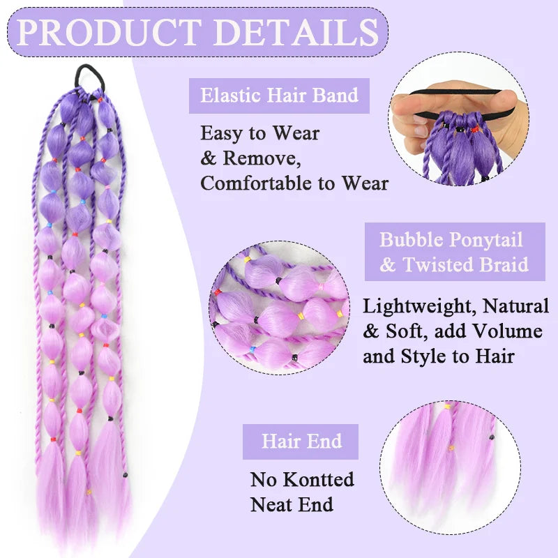Purple bubble braid ponytail extension with elastic hair band loop, long strands.