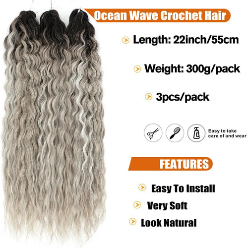 Crochet hair extensions bundle in water-wave ombre, dark to light gray