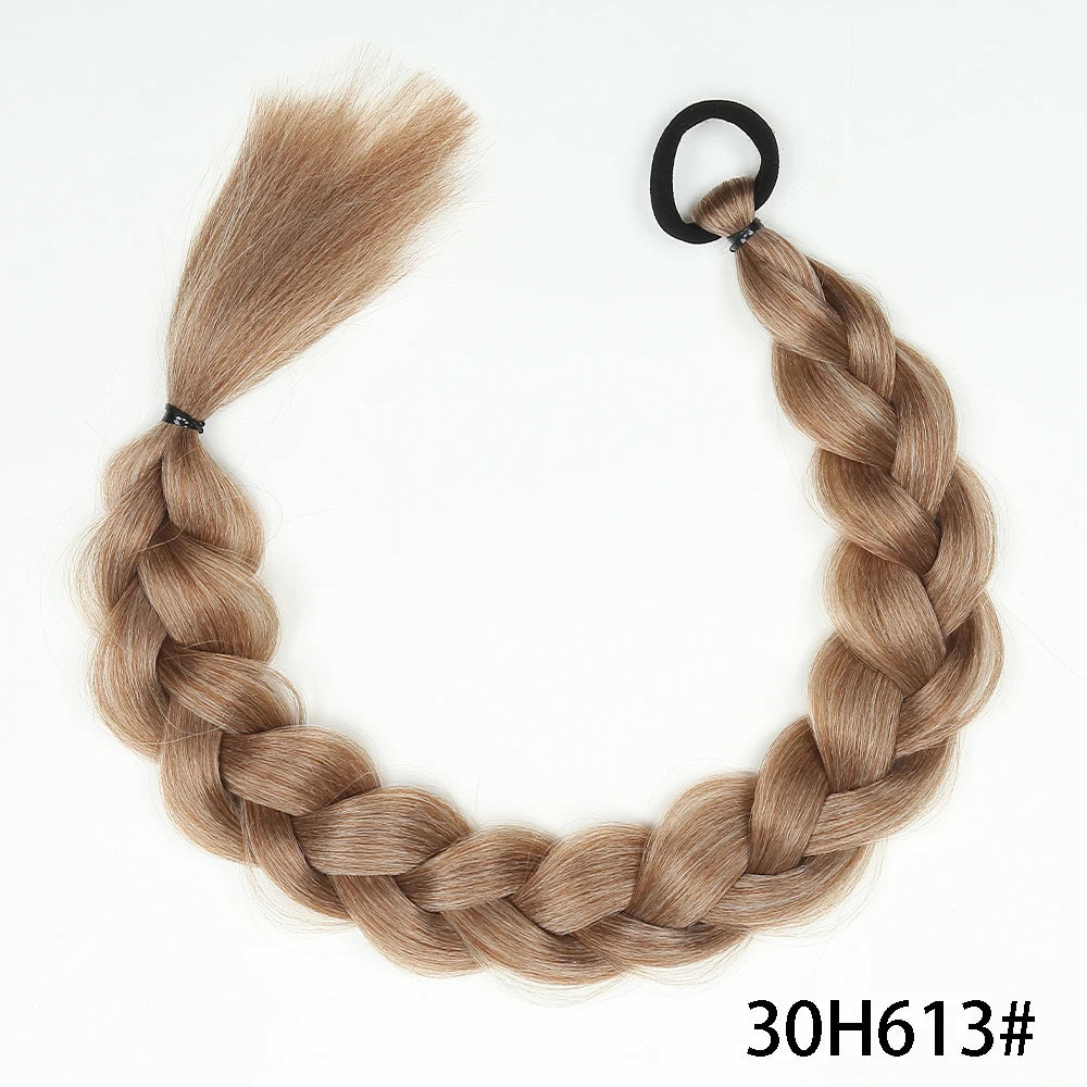 Light brown braided ponytail extension, synthetic twist with looped top tie.
