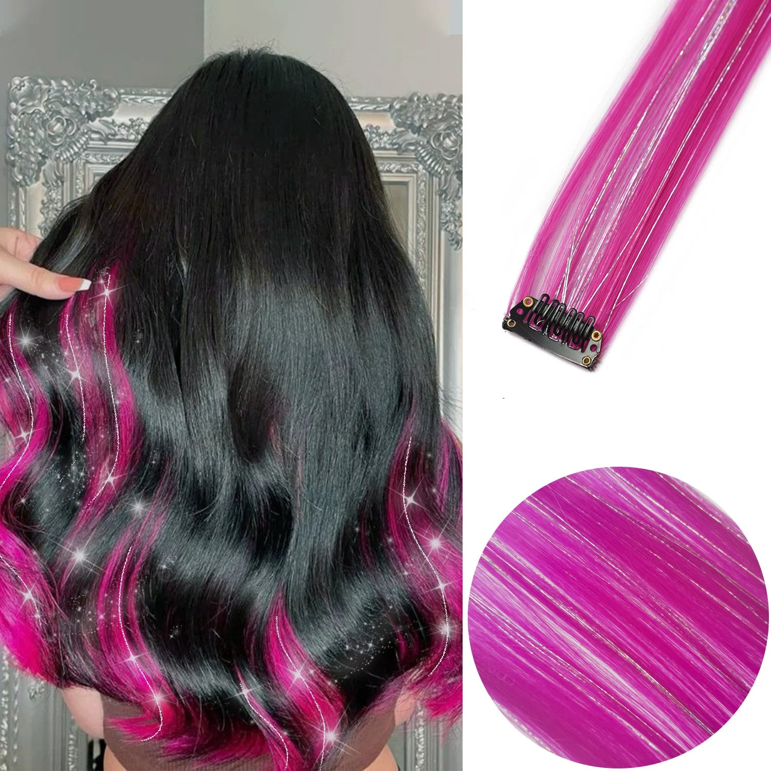 Black with hot pink clip-in hair highlights set with six long straight strands