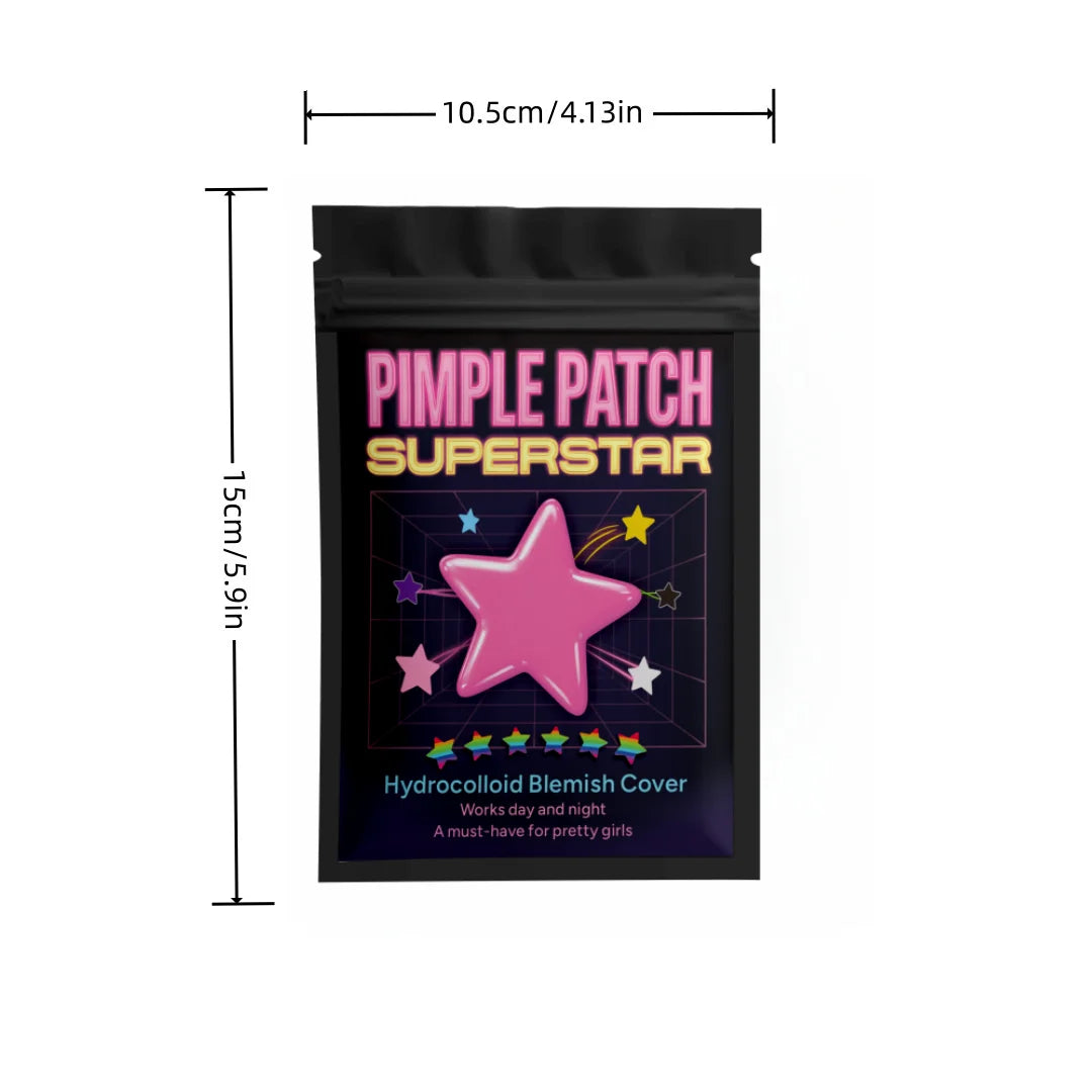 Single acne patch pouch with star graphic and size dimensions, 10.5 x 15.5 cm