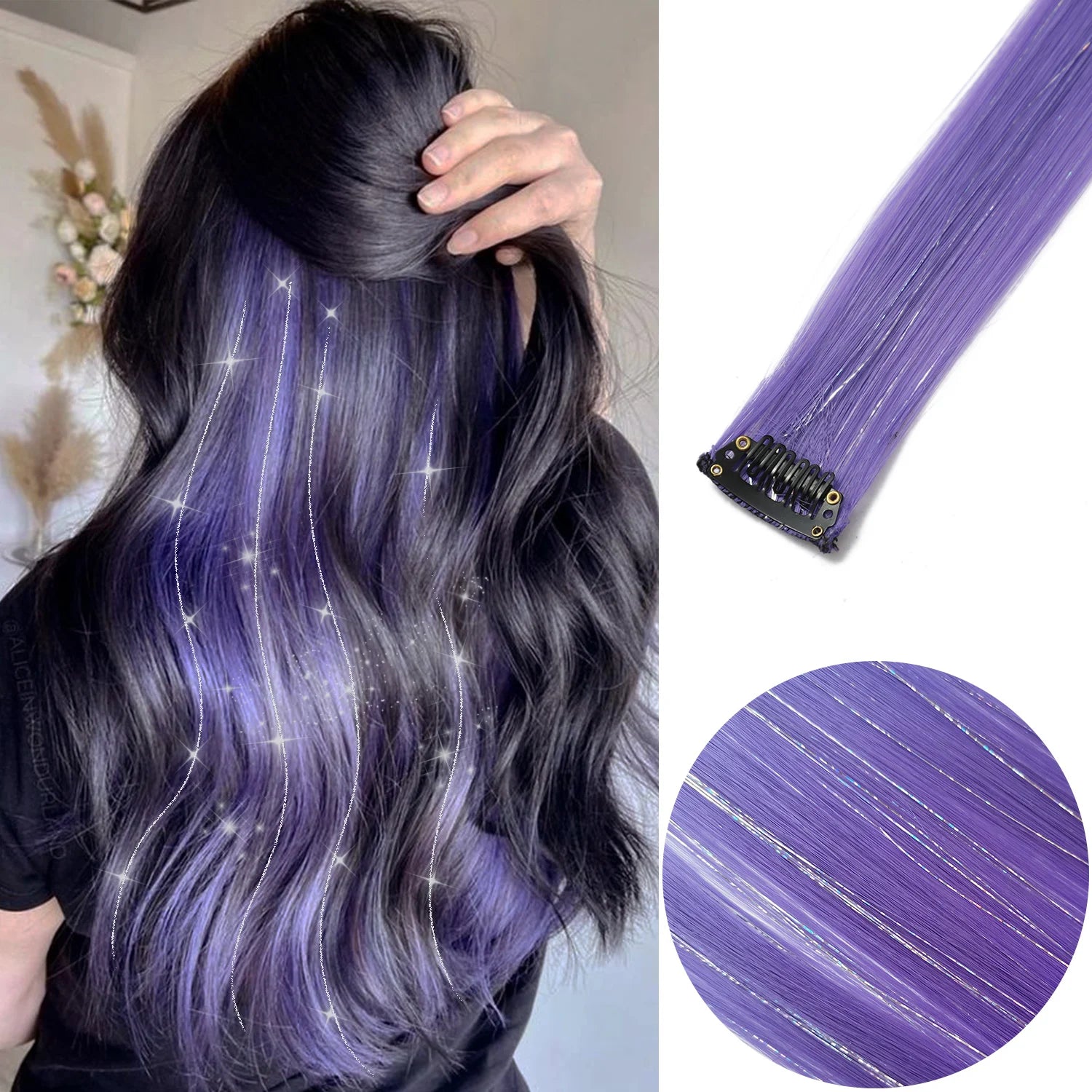 Purple clip-in hair highlight strands with metal clips and wavy blended texture