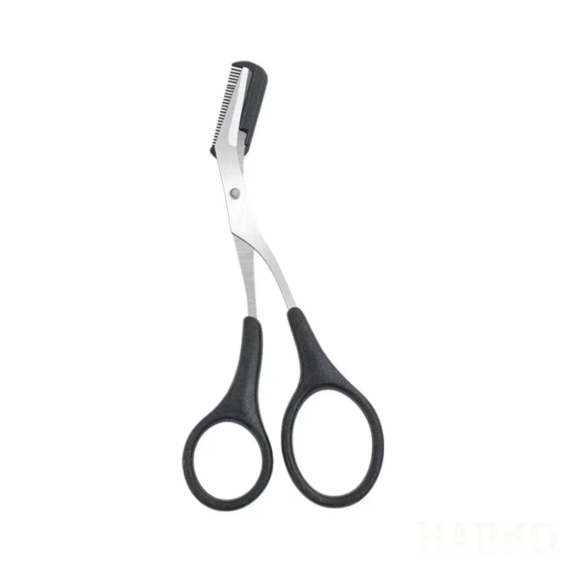 Eyebrow scissors with comb, black handle and silver trimming blades