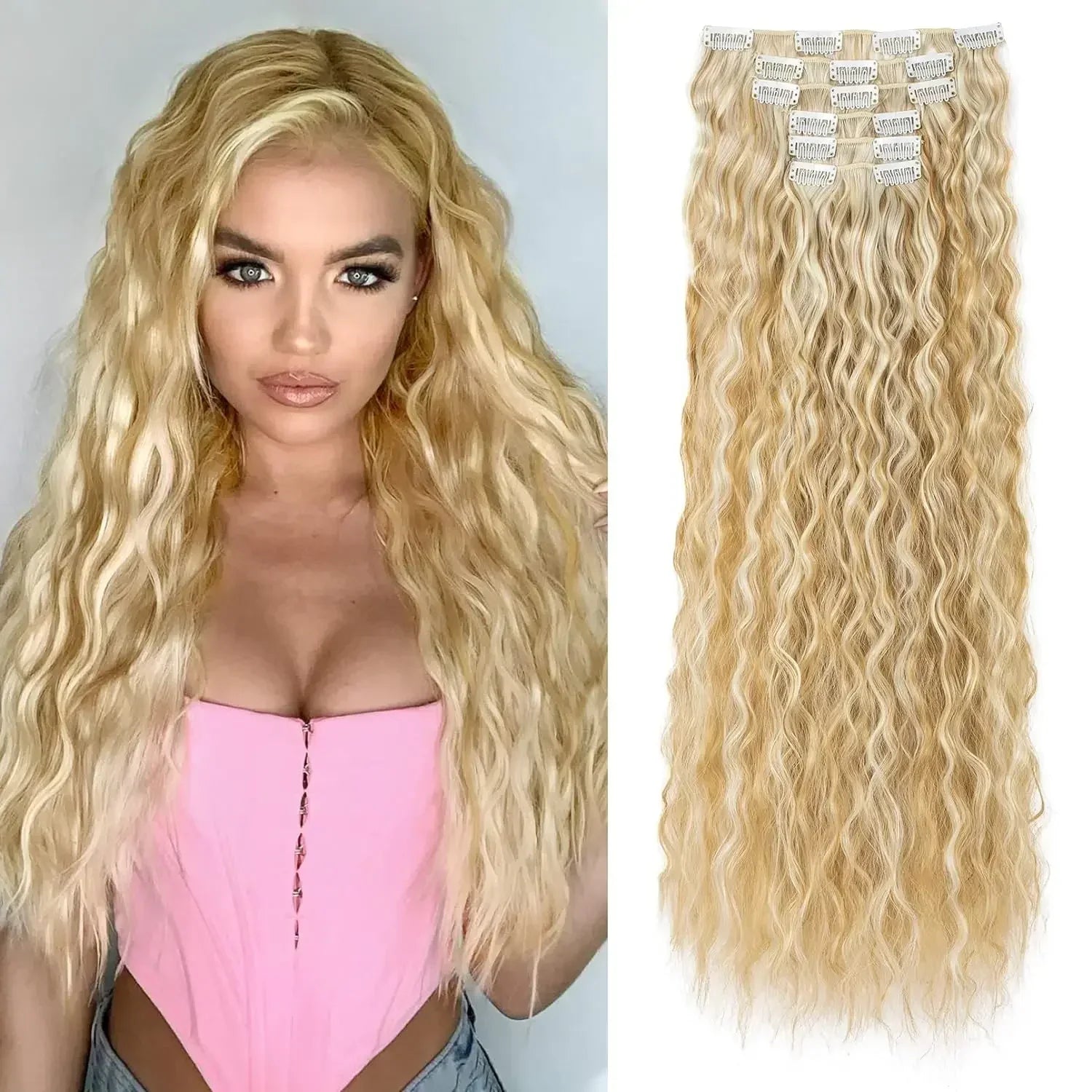 Platinum blonde wavy clip-in hair extension weft with metal clips, long length