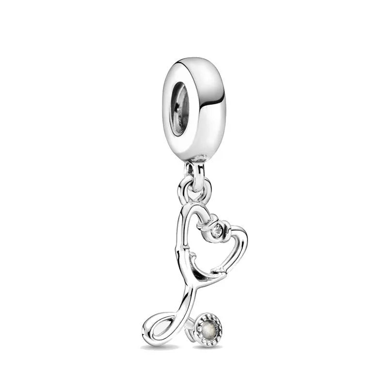 Sterling silver charm bead with hanging heart and small bead, bracelet loop