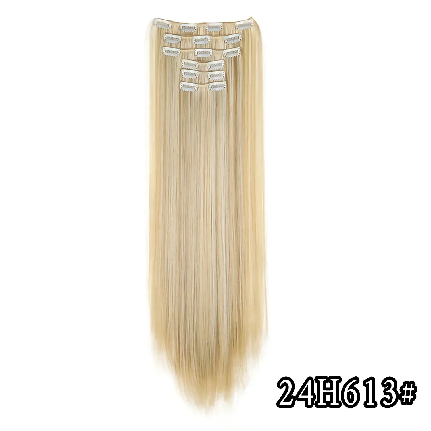 Light blonde straight clip-in hair extension with metal comb clips at the top