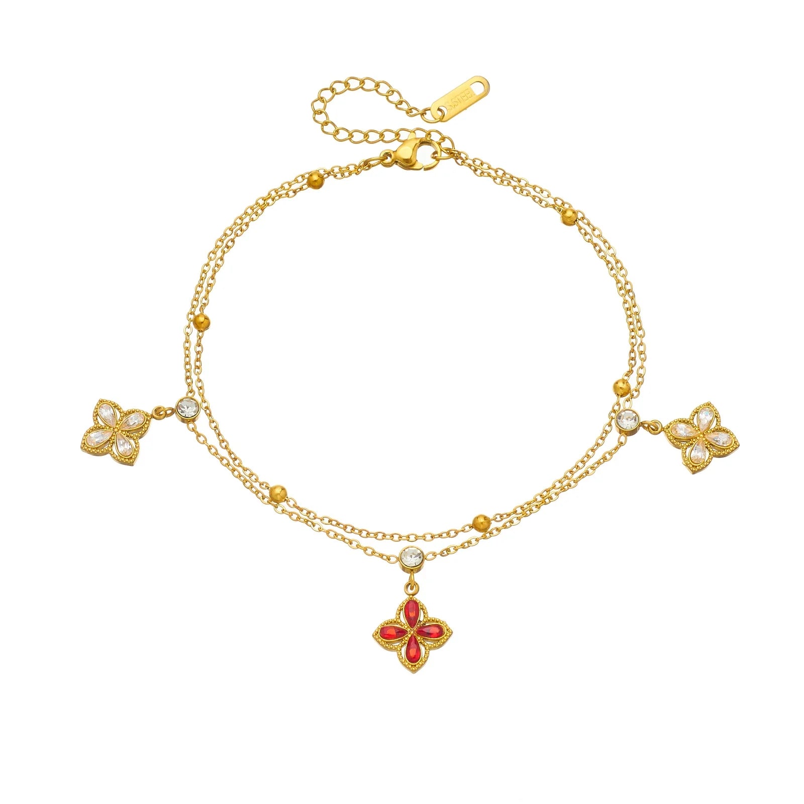 Gold-tone flower charm bracelet with red center pendant and four white crystal flower charms