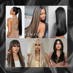 Assorted synthetic straight tape-in hair extensions on models with visible blue tape tabs