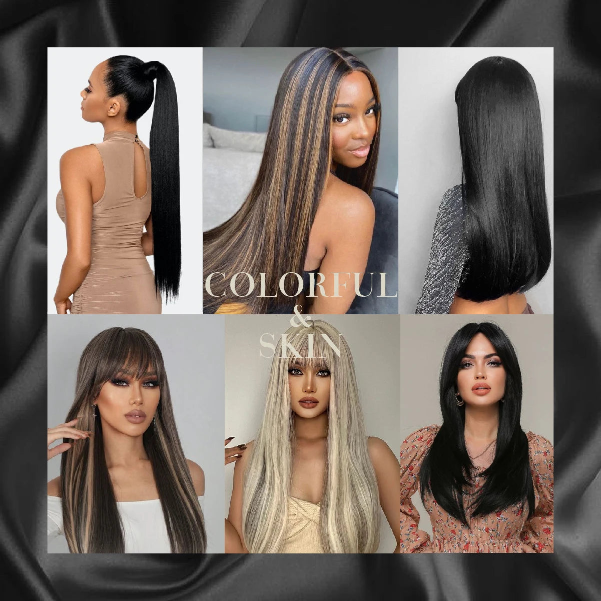 Assorted synthetic straight tape-in hair extensions on models with visible blue tape tabs