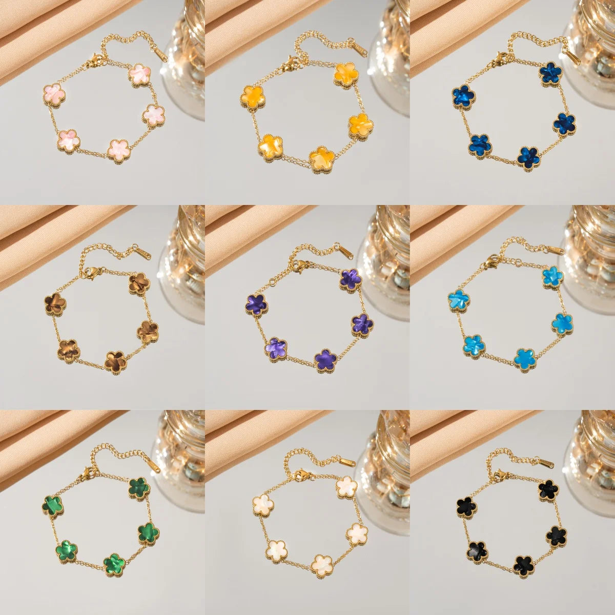 Gold flower bracelet set with enamel clover charms in pink, yellow, and blue