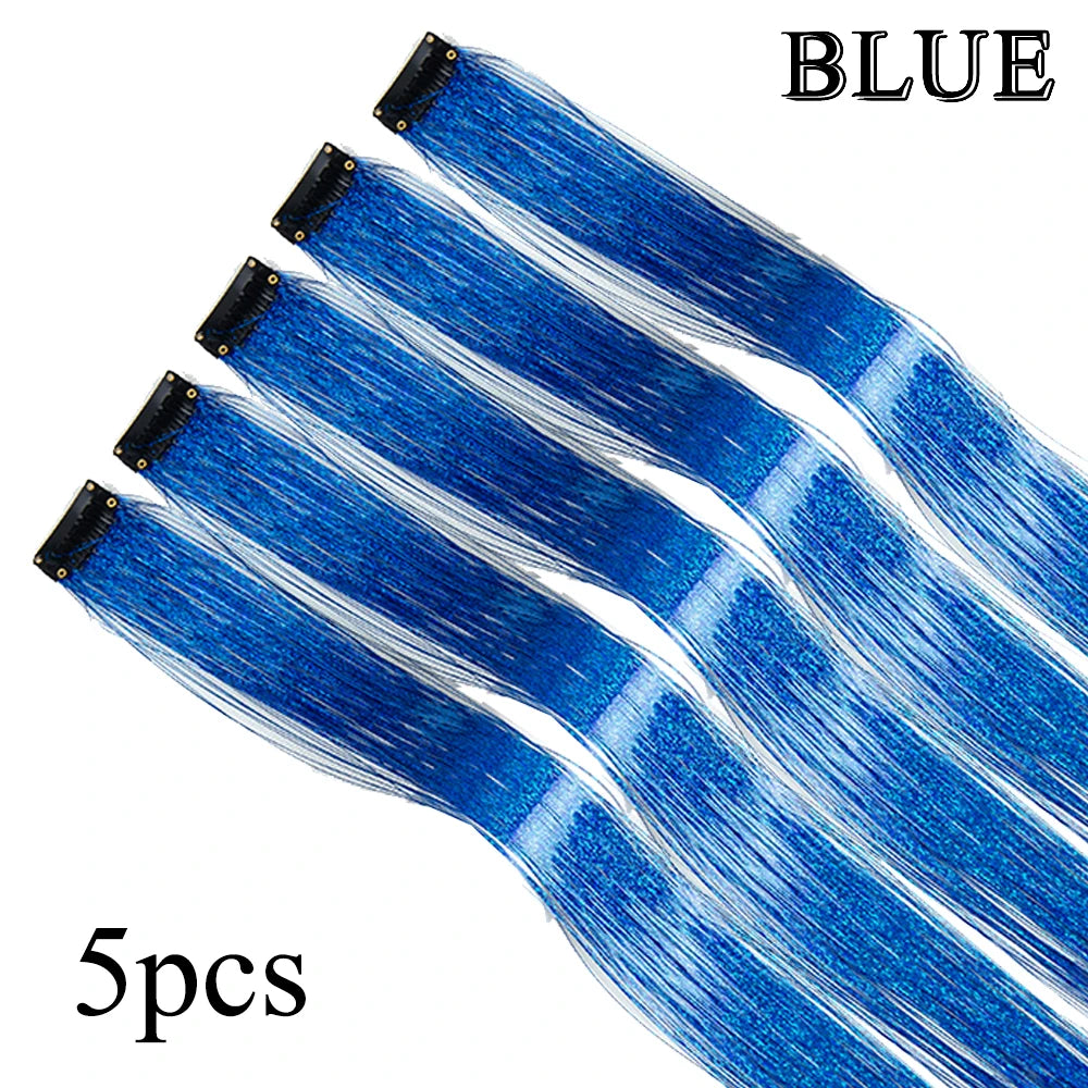 Glitter hair tinsel set, blue, 5 pieces with clip-on strands