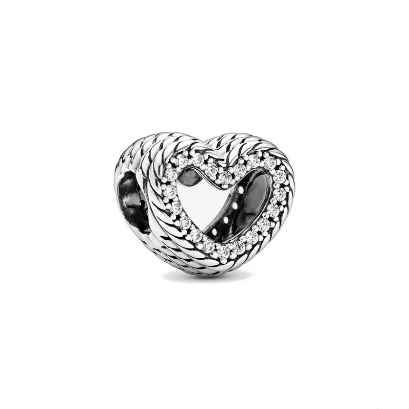Sterling silver heart charm bead with black enamel and clear stone accents