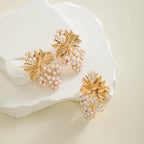 Pearl and gold-tone leaf cluster drop earrings