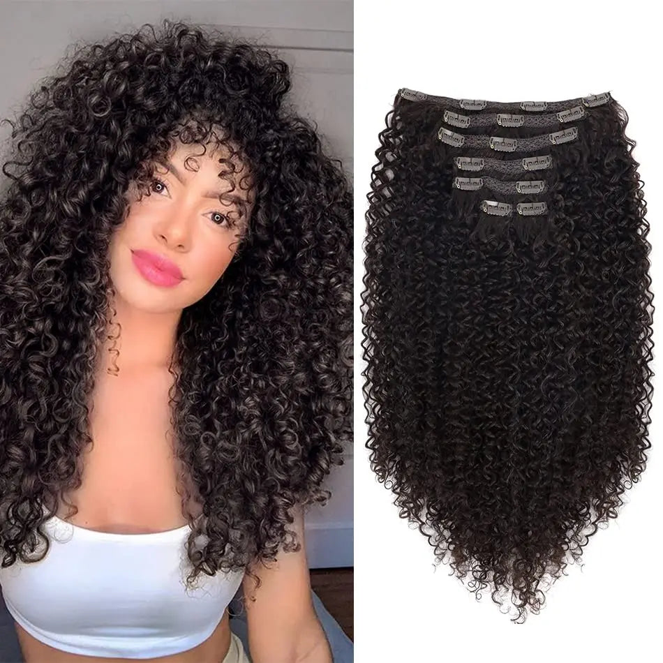 Curly clip-in hair extension weft with dark curly hair and multiple stitched clip tabs
