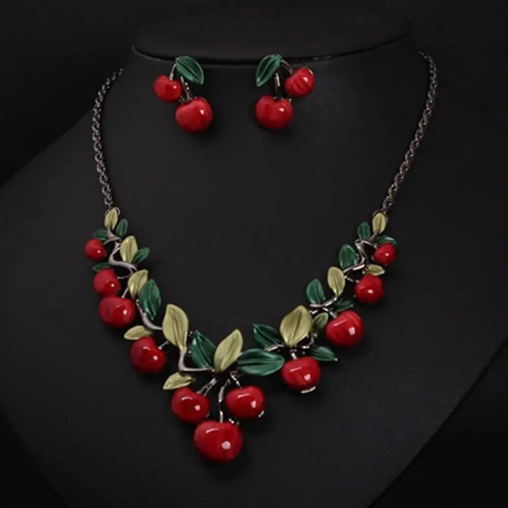 Cherry fruit necklace and earrings set, red bead cherries with green and gold leaf accents
