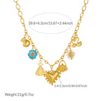 Gold-tone multi-pendant necklace with heart, bow, and flower charms in blue enamel
