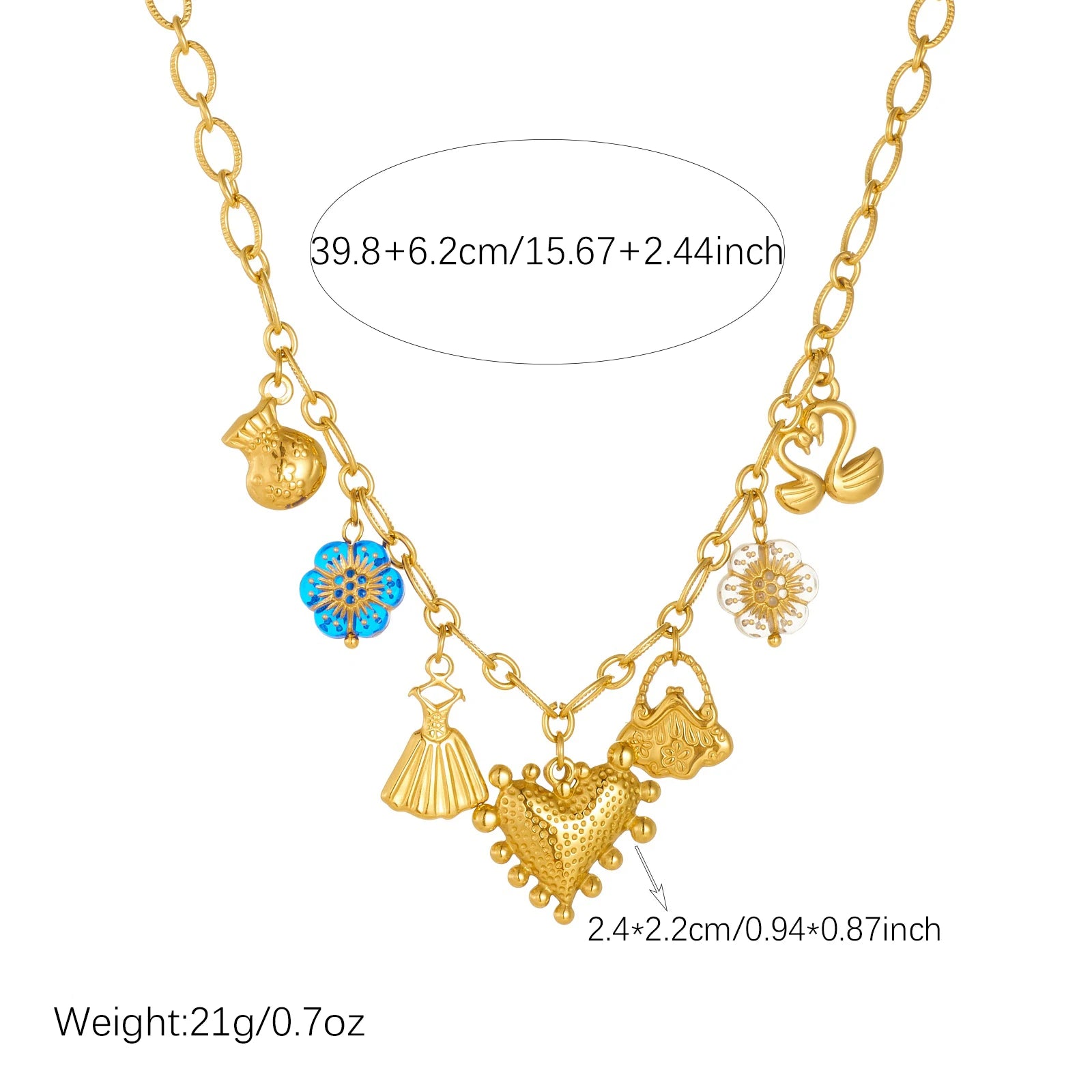 Gold-tone multi-pendant necklace with heart, bow, and flower charms in blue enamel