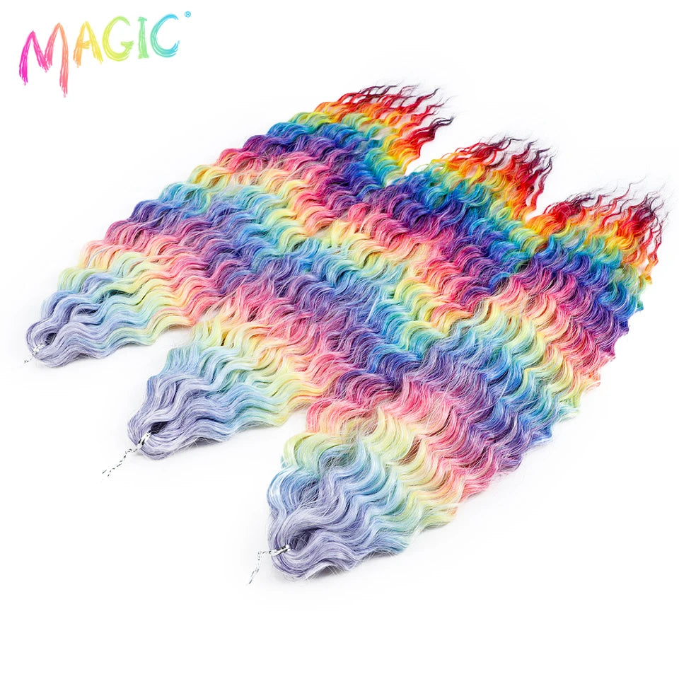 Synthetic crochet braids hairpiece, wavy rainbow ombre from blue to pink to red