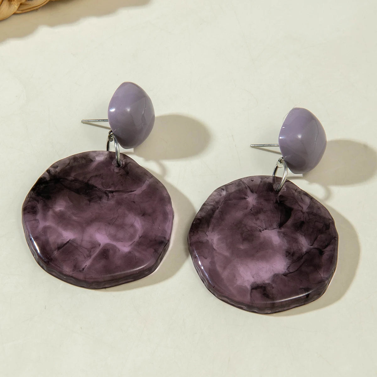 Purple marbled round drop earrings with lavender teardrop studs and metal-tone hooks